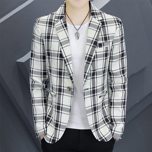 2024款韩版休闲男士格子西服个性潮流上衣青年帅气修身西装外套