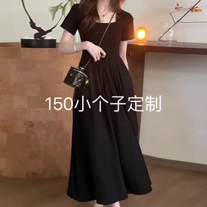 150小矮个子方领显瘦黑色连衣裙女装春夏新款气质长裙法式赫本风