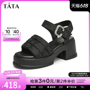 Tata他她休闲高跟鞋女款黑色魔术贴时装凉鞋2024夏季新款YFR01BL4