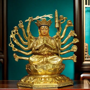 古玩收藏尼泊尔纯铜鎏金描彩准提佛母佛像千手观音铜像家居摆件