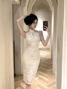 新中式国风绝美日常改良旗袍性感包臀气质白色蕾丝连衣裙装女夏季