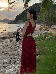法式红色荡领吊带连衣裙女气质海边度假沙滩长裙子新娘晨袍小礼服