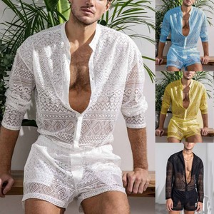 欧美大码镂空性感蕾丝短袖休闲短裤男装 时尚套装 男士衣服套装夏