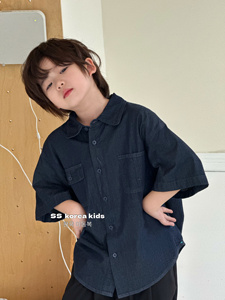 SS品牌童装男童短袖衬衫夏季薄款韩版儿童时髦牛仔上衣2024新款潮