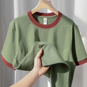 美式咔叽 草绿色270g重磅纯棉撞色拼接短袖T恤女夏复古宽松上衣服