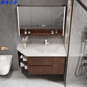 新中式浴室柜组合岩板热弯一体盆切角洗手脸漱台池卫生间异形定制