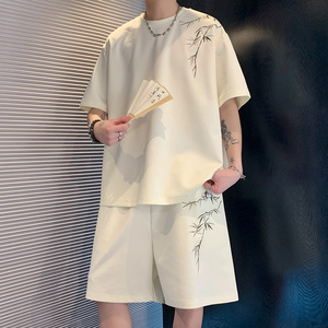 新中式竹子刺绣国风套装男夏季潮牌青少年宽松透气短袖短裤两件套