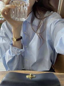 浅蓝色衬衫女外穿春季2024新款设计感小众韩版休闲男友风棉质衬衣