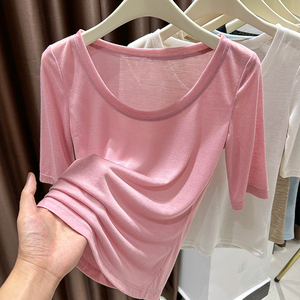 粉色短袖T恤女夏季新款性感大圆领天丝中袖打底衫内搭薄低领上衣