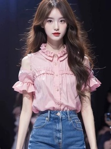 韩版女装小清新单排扣娃娃领衬衫甜美减龄露肩上衣显瘦荷叶边小衫
