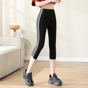 莫代尔七分裤女夏季薄款休闲条纹高腰运动瑜伽跑步健身大码打底裤