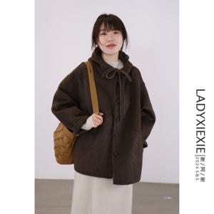 LADYXIEXIE韩系慵懒宽松斗篷连帽双面羊绒大衣女高级感超好看外套