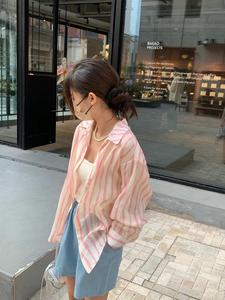 现！韩国东大门正品女装 夏季夏 竖条纹路粉红色薄款天丝棉麻衬衫