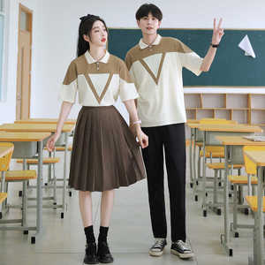 中学生夏季韩版学院风POLO领拼接短袖初高中生毕业校服班服套装