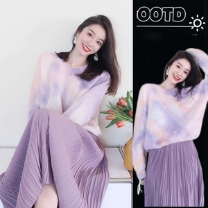 秋冬2024年新款女装名媛气质小香风韩剧穿搭紫色毛衣裙子两件套装