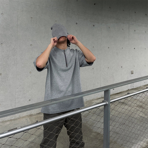 灰色美式半拉链t恤夏季潮牌高街cleanfit短袖男小众设计感七分袖