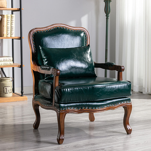 单人沙发复古怀旧实木美式乡村老虎椅子欧式休闲椅法式皮质客厅凳