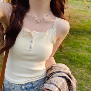 甜辣妹蕾丝边吊带背心女夏季韩版修身内搭外穿短款无袖T恤上衣潮