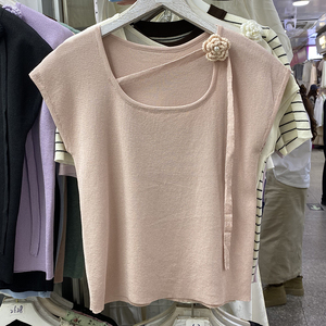 法式方领立体花朵系带针织T恤女夏季冰丝修身显瘦小飞袖上衣2Q