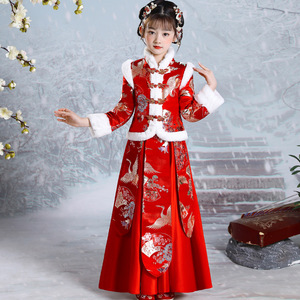 汉服女童冬季加绒加厚古装儿童唐装拜年服公主红色裙子古风两件套