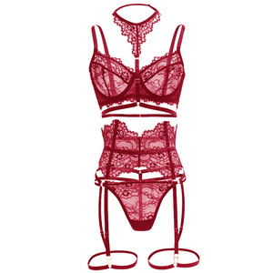 欧美性感蕾丝镂空红色透明薄女内衣文胸吊袜带套装