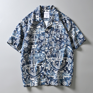外贸原单尾单波西米亚风古巴领设计夏季男士时尚休闲短袖衬衫衬衣