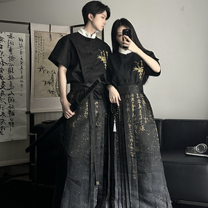 改良汉服新中式马面裙套装中国风情侣装夏装盘扣竹叶刺绣复古衬衫