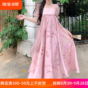 新中式国风方领齐胸汉服长裙夏季大码气质减龄拼接仙女日常连衣裙