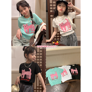 韩国夏装女童刺绣冰丝猫咪短袖T恤儿童甜辣风圆领短款针织衫上衣