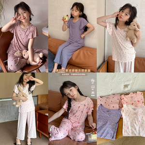韩国夏装女童莫代尔冰丝凉感垂顺短袖睡衣睡裤儿童碎花家居服套装