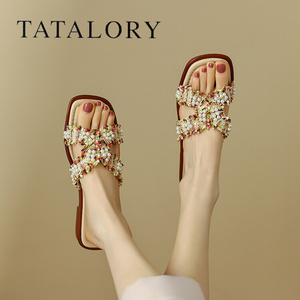 TATA LORY联名女鞋新款外穿珍珠时尚百搭拖鞋夏季沙滩平底凉拖女