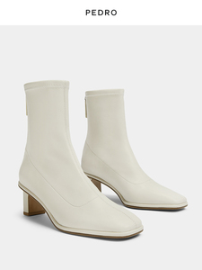 PEDRO小方头高跟靴春季女士短靴纯色复古拉链及踝靴PW1-16050023