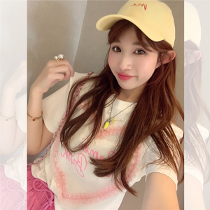 JENNIFER JXLIU韩国东大门 爱心桃粉红色蕾丝花边短袖短款白色T恤