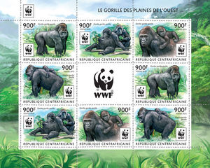 中非 2015年 大猩猩  WWF  2套小版张  MNH