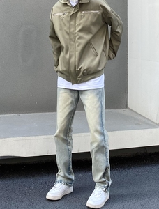 黄泥染牛仔裤男vibe欧美风直筒拉链设计高街美式复古做旧ins潮裤