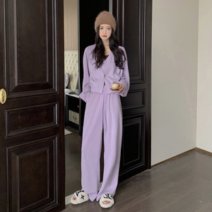 紫色运动休闲套装女春秋时尚洋气小个子网红炸街卫衣阔腿裤两件套