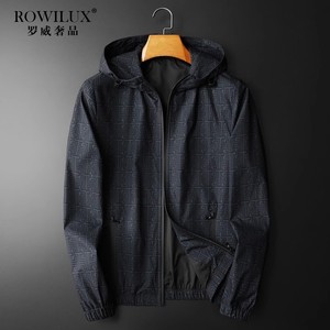 ROWILUX奢侈品印花黑色连帽夹克外套男士青年潮牌潮男帅气夹克衫