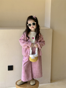 2024春季新款韩版甜美系童装 女童粉色麻花毛衣开衫毛线外套套装