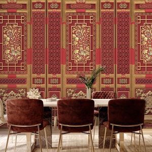 3d立体复古中国风墙纸故宫红餐厅装饰壁画8d仿木门镂空背景墙壁纸