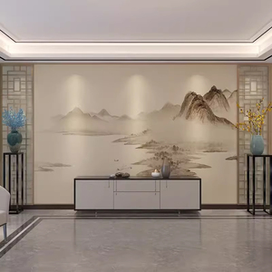 新中式壁布电视背景墙壁纸客厅沙发影视墙纸暖色系山水墙布8D壁画