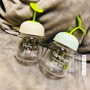 简约韩版创意玻璃杯可爱小草豆芽麦杆盖耐热透明男女学生便携水杯