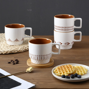 摩登陶瓷叠叠杯中古咖啡杯日式细瓷喝水杯可叠放简约白玉瓷马克杯