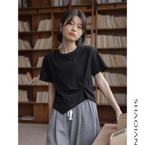 小众设计感黑色t恤女短袖夏季短款宽松小个子纯色不规则半袖上衣
