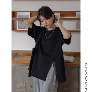 开叉黑色短袖t恤女2024夏季新款韩版宽松圆领设计感纯棉半袖上衣