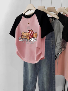 小熊慵懒风大码插肩袖设计感小众胖mm短款T恤女夏季新款短袖上衣