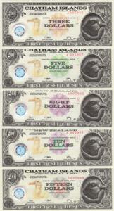 全新2001年 查塔姆群岛 3 5 8 10 15 元 Tyvek塑料钞3版同号无47