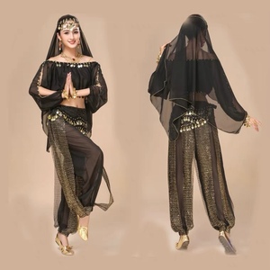 印度舞服装女黑色表演服直播表演服装性感露肩舞蹈服灯笼裤长袖款