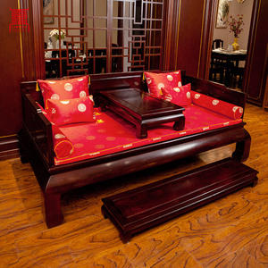 香河家具城 榆木中式罗汉床 全实木中式沙发床三件套京达红雅居