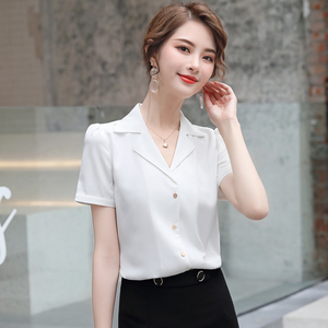 白色衬衫女短袖V领小众设计感韩版时尚雪纺职业寸衣洋气宽松上衣