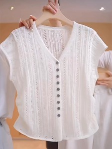 韩国东大门麻花镂空白色V领短袖冰丝针织衫夏季薄款透气开衫上衣